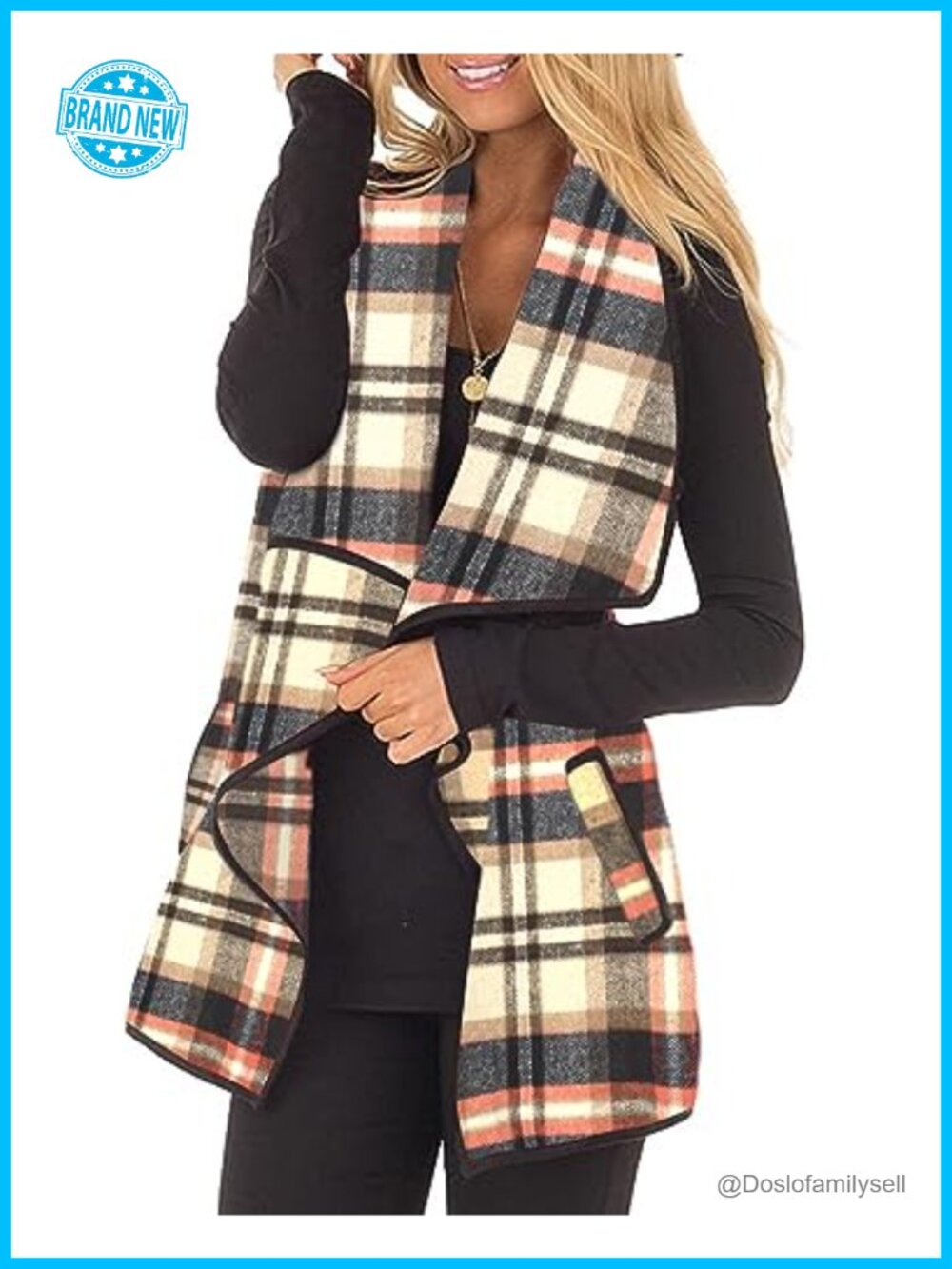 Plaid Open Front Sleeveless Cardigan Vest with Pockets